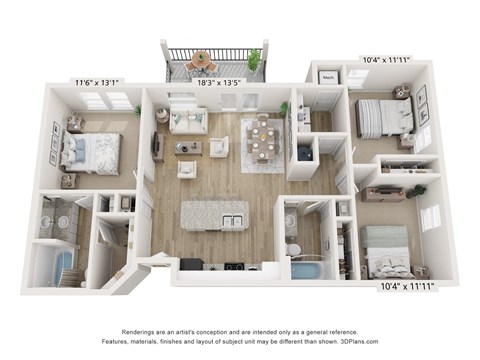 Floor plan for 3 beds, 2 baths, 1198 sqft